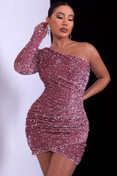 Glitzerndes One-Shoulder-Wickel-Minikleid aus Samt mit Puffärmeln und Pailletten - Rosa